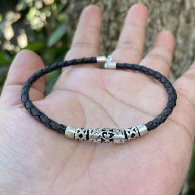 Gelang Bracelet Perak Silver Kulit Leather Kecil Anak Dewasa Ukir Bali 925 Pria Wanita Elegan Custom
