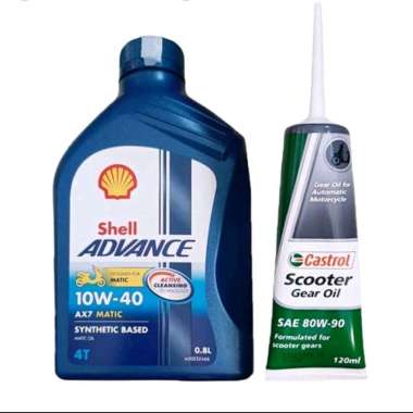 PAKET GANTI OLI SHELL ADVANCE AX7 10W40 0.8L SCOOTER MATIC + OLI CASTROL GEAR OIL 120ML FOR HONDA YA