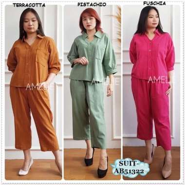 AB51322 SET Setelan Baju Kemeja Celana Panjang Kulot Midi Crop Santai Wanita Korea Fuschia Green Lil