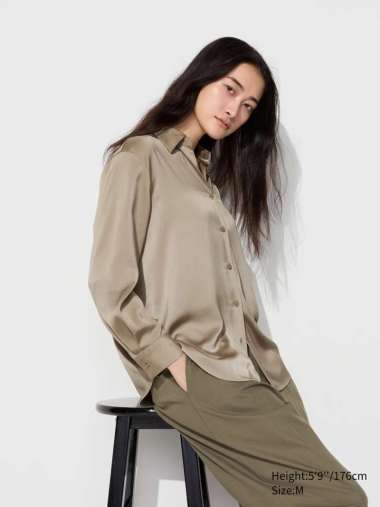 UNIQLO Blus Satin Blouse wanita Beige L