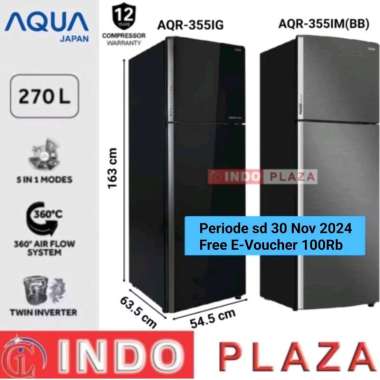 KULKAS AQUA 2 PINTU JUMBO TWIN INVERTER AQR-355IM(BB) / AQR-355IG BLACK GLASS