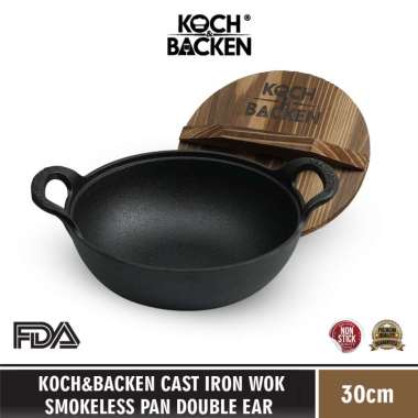 KOCH&BACKEN Cast Iron Wok Smokeless Pan Double Ear With Wooden Lid 30cm - Panci Besi Cor Anti Lengke