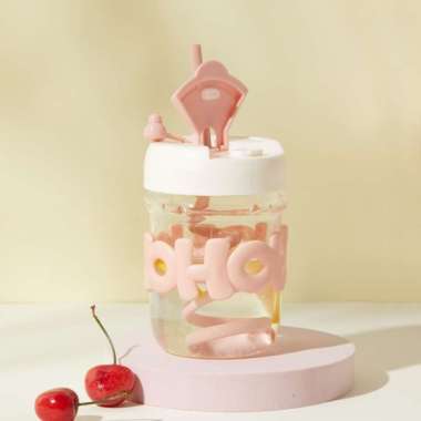 BONBOX Purple Botol Air Kaca Pyrex 400ml Tumbler Pyrex Glass Botol Air Sedotan Pink