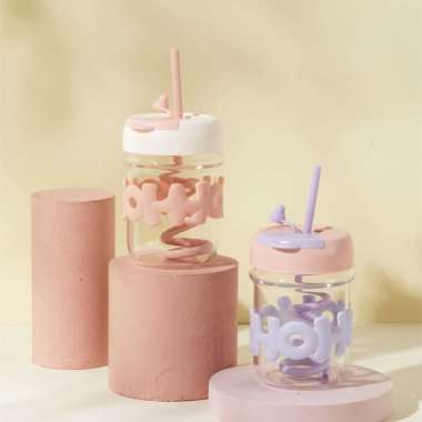 BONBOX Purple Botol Air Kaca Pyrex 400ml Tumbler Pyrex Glass Botol Air Sedotan Purple