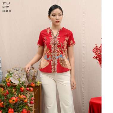 Evercloth Stila New Red B Blouse Wanita Atasan Wanita Blouse Batik Wanita Lengan Pendek Atasan Batik