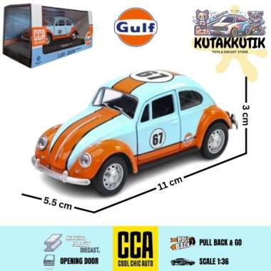 Mainan Mobil Balap Sedan Sport Diecast CCA Volkswagen Classical Beetle 1967 Gulf Biru Strip Orange S