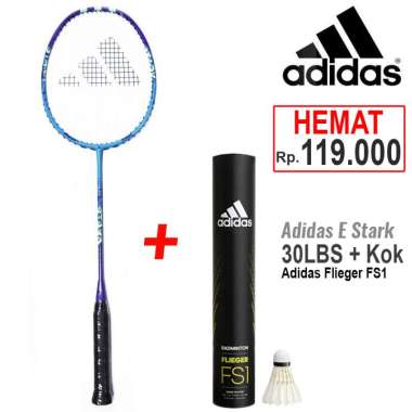 Paket Raket Badminton Adidas E Strak dan Shuttlecock Flieger FS1 Speed 77 Putih isi 12