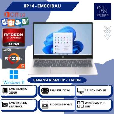 LAPTOP BARU HP 14 AMD RYZEN 5 -7530U AMD RADEON RAM 8GB DDR4 SSD 512GB NVME 14INCH FHD IPS SLV - EM0