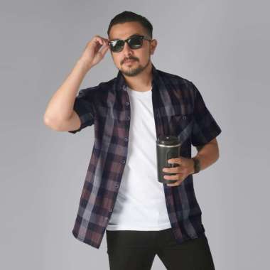DGM Kemeja Pria Flanel Pendek Premium Kotak Kotak Kemeja Flanel Navy Coklat 2645 XL