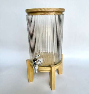 Dispenser galon kaca bulat estetik Cranberry 5 liter tutup kayu dan kaki kayu