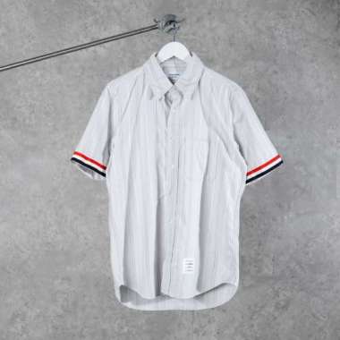 Kemeja THOM BROWNE RWB EDGE STRIPED LIGHT GREY SHIRT 100% ORIGINAL size 2