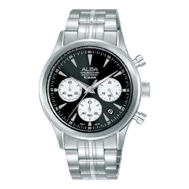 Jam Tangan Pria Alba AT3K53X1 Men Chronograph Black Dial Stainless Steel Strap