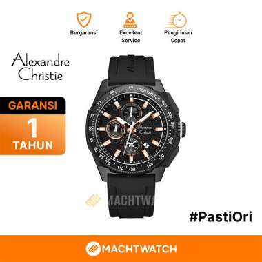 Jam Tangan Pria Alexandre Christie Chronograph AC 6688 MC RIPBARG Men Black Dial Black Rubber Strap