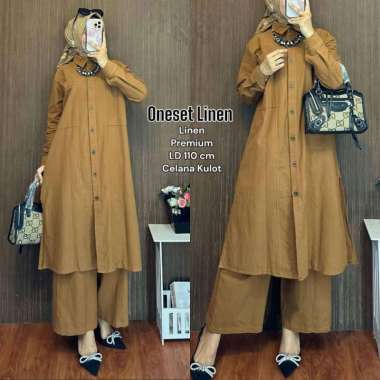Shella One Set Wanita Tunik Linen Premium Setelan Wanita Lengan Panjang Set Tunik Celana Kulot Kekin