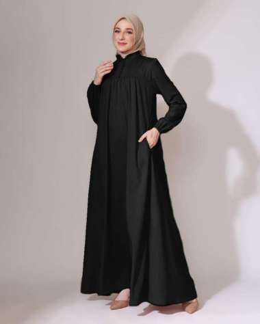 Gamis Katun Busui - Azkia Dress - Dress Gamis wanita muslimah polos HITAM