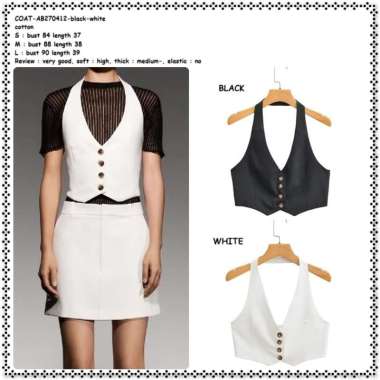 AB27041 Rompi Vest Crop Cardigan Bolero Tanpa Lengan Blazer Hitam Putih Black White Wanita Korea Imp