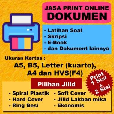Print Cetak HVS 80 Gr, 80 Gsm A5, B5, Letter,Kuarto,A4,Folio/F4 Hitam putihSkripsi, Latihan soal, Eb