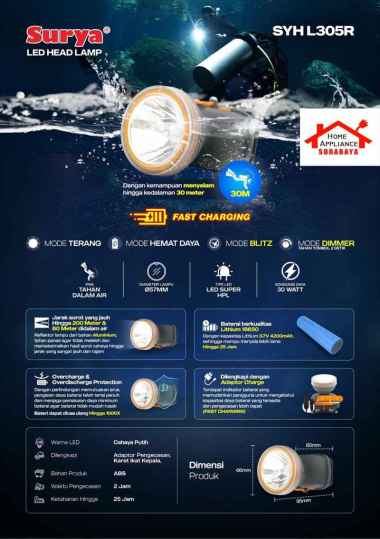 SURYA Senter Kepala Selam Cas LED 30W 30 Watt SYH L305R Cahaya Putih 3.7V 4200mAh Tahan 25 Jam - Cah