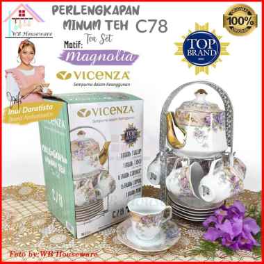 VICENZA Coffee set keramik + Teko + rak motifbunga mawar / tea cup dan saucer porcelain CA78 MAGNOLI