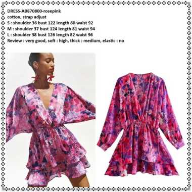 AB870800 Retro Layer Mini Dress Pesta Lengan Panjang Bunga Pink Fuschia Wanita Korea Import Oversize