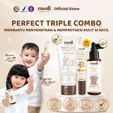 Moell Triple Combo - Body Lotion 185ml & Sunscreen 30ml & Hair Lotion 100ml - Skincare Untuk Bayi &