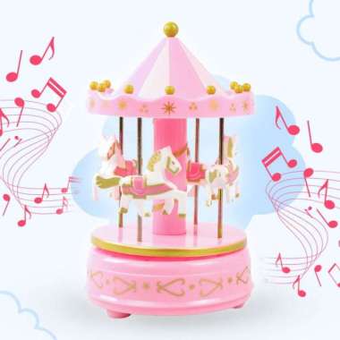 JFactory Kotak Musik Pink Lucu Bentuk Bianglala Kuda Berputar MerryGo - Musical Box