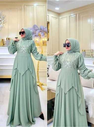 Queenna Dress - gamis Kondangan Brukat Mewah - Baju Bridesmaid - Bjau Kondangan Wanita SAGE