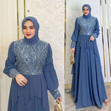 Queenna Dress - gamis Kondangan Brukat Mewah - Baju Bridesmaid - Bjau Kondangan Wanita DENIM
