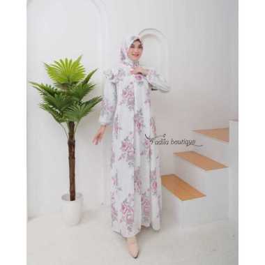 Andini Dress Ceruty Printing Motif Set Hijab Segi Empat Depan Resleting Putih