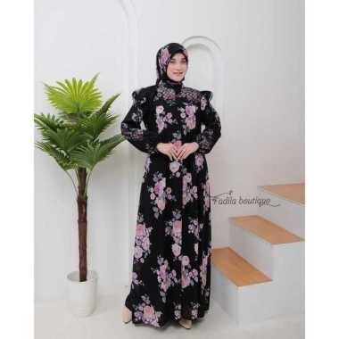 Andini Dress Ceruty Printing Motif Set Hijab Segi Empat Depan Resleting Hitam