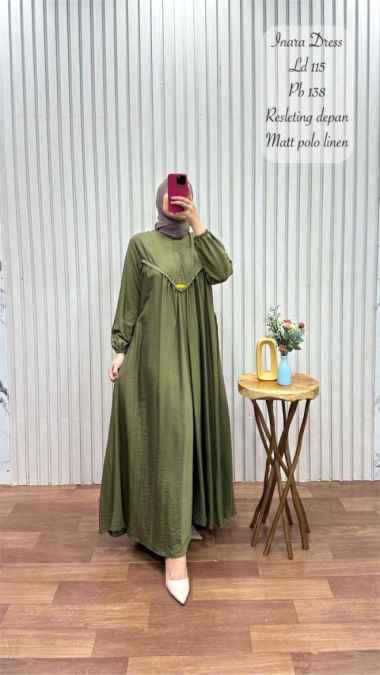 Gamis Inara / Dress Busana Muslim Bahan polo linen - Army Army