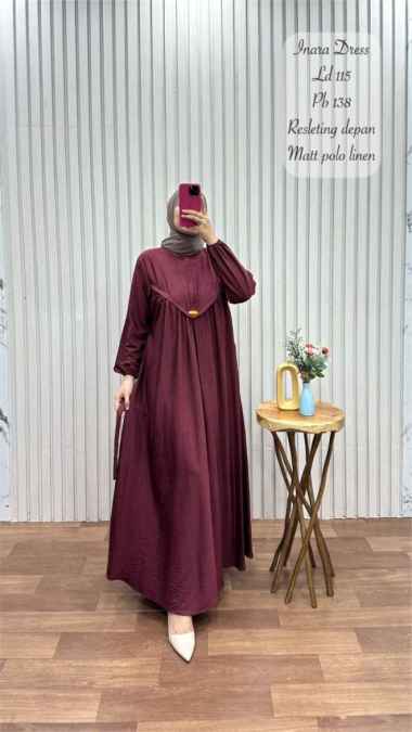 Gamis Inara / Dress Busana Muslim Bahan polo linen - Army Maroon