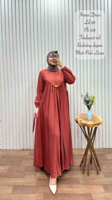 Gamis Inara / Dress Busana Muslim Bahan polo linen - Army Terracota
