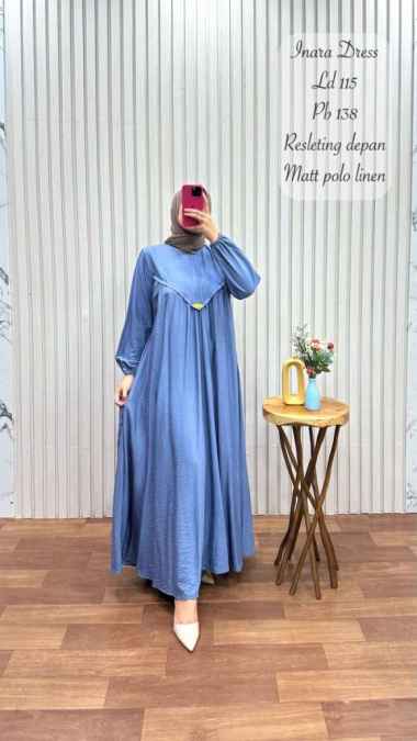 Gamis Inara / Dress Busana Muslim Bahan polo linen - Army Blue