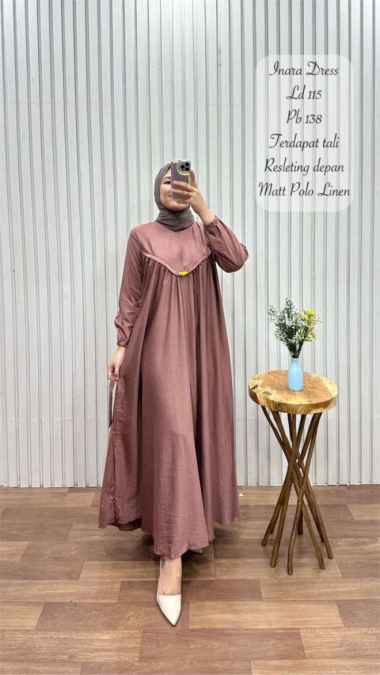 Gamis Inara / Dress Busana Muslim Bahan polo linen - Army Millo