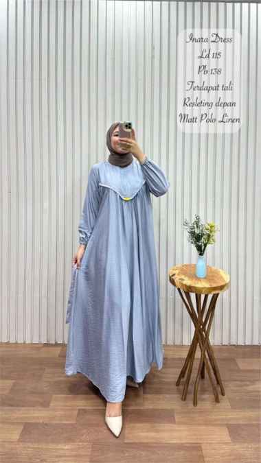 Gamis Inara / Dress Busana Muslim Bahan polo linen - Army Baby blue