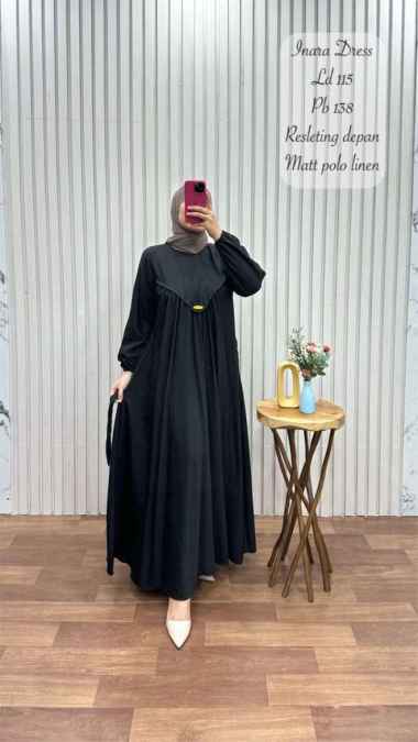 Gamis Inara / Dress Busana Muslim Bahan polo linen - Army Hitam