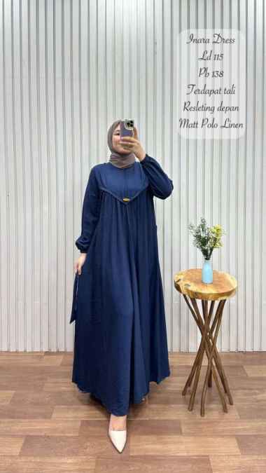 Gamis Inara / Dress Busana Muslim Bahan polo linen - Army Navy