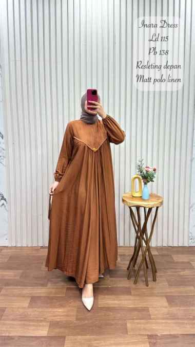 Gamis Inara / Dress Busana Muslim Bahan polo linen - Army Golden