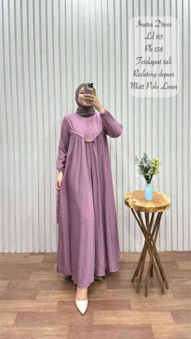 Gamis Inara / Dress Busana Muslim Bahan polo linen - Army Taro