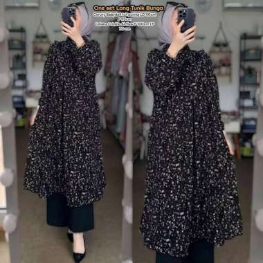 Anisa Set Long Tunik - One Set Wanita Tunik Ceruti Babydoll Baju Setelan Kekinian Celana Kulot All S