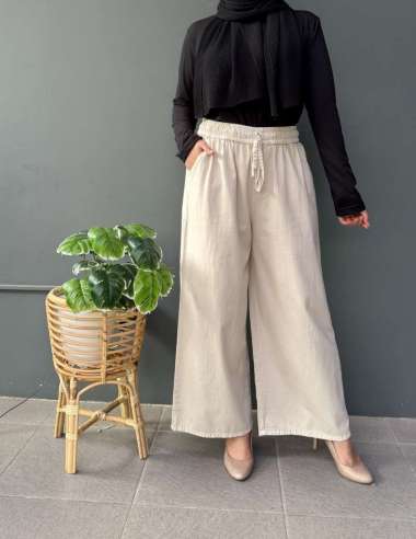 LEZAHRASIGNATURE Nude Kulot Soft Jeans - Celana Panjang Muslim Wanita Bawah Lebar XXL OFF WHITE