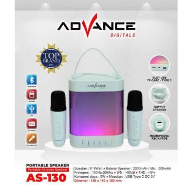 Speaker Mini Advance AS-130 Speaker Portable Karaoke Bluetooth 2 Mic Biru Muda