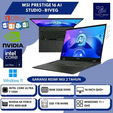 LAPTOP BARU MSI PRESTIGE 16 AI STUDIO INTEL CORE ULTRA 7 RAM 32GB DDR5 SSD 1TB NVME 16INCH QHD+ GRY 