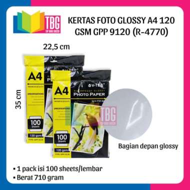 1 PACK (100 LEMBAR) KERTAS FOTO GLOSSY A4 120 GSM GPP 9120 V-TEC / KERTAS FOTO GLOSSY 120 V-TEC (R-4