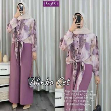 Lotus Makhkota Set | One Set Wanita Kekinian Rayon Baju Setelan Wanita Celana Cutbray LD 110 cm Alin
