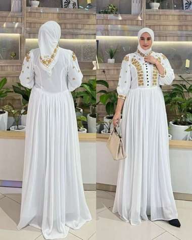 Gamis Bordir Azizah Dress Gamis Ceruti Bordir Mewah di dada Gamis muslim Kekinian PUTIH