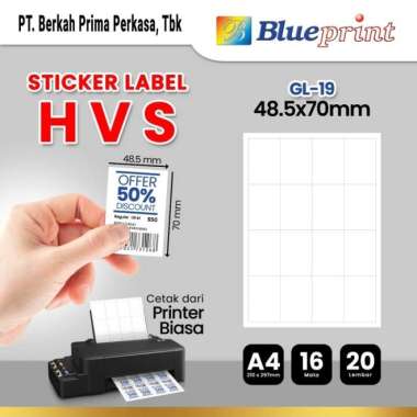 Kertas Stiker Label HVS Doff A4 BLUEPRINT Uk 48,5 x 70 mm - 20 lembar