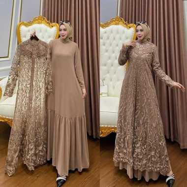 Kiukiu Zallia Dress + Outer - Gamis + Outer Brukat - Set Gamis Kondangan - Outer Brukat Mewah Tile B