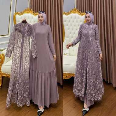 Kiukiu Zallia Dress + Outer - Gamis + Outer Brukat - Set Gamis Kondangan - Outer Brukat Mewah Tile B